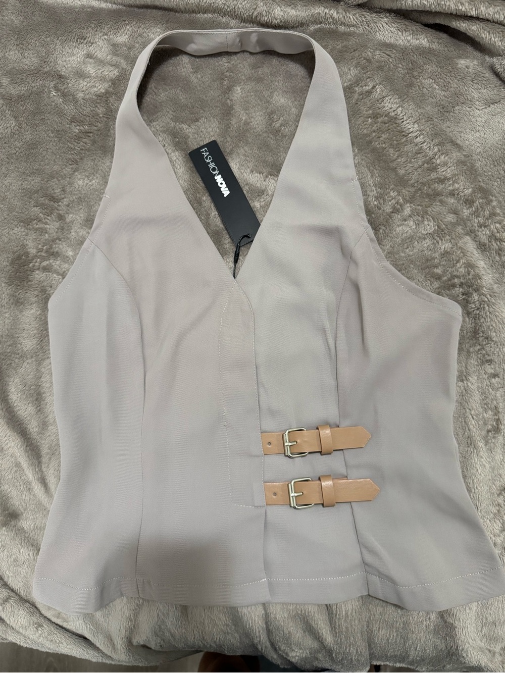 Fashion Nova Beige Halter Top with Tan Buckle Straps